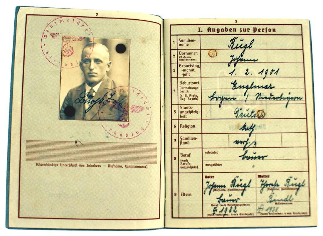 German WWII Wehrpass April 1940: C-022 German WWII "Wehrpass" with an entry date of "9. April 1940". ID stampings on photo are in red ink. No entries of aaignments or of physical condition. II