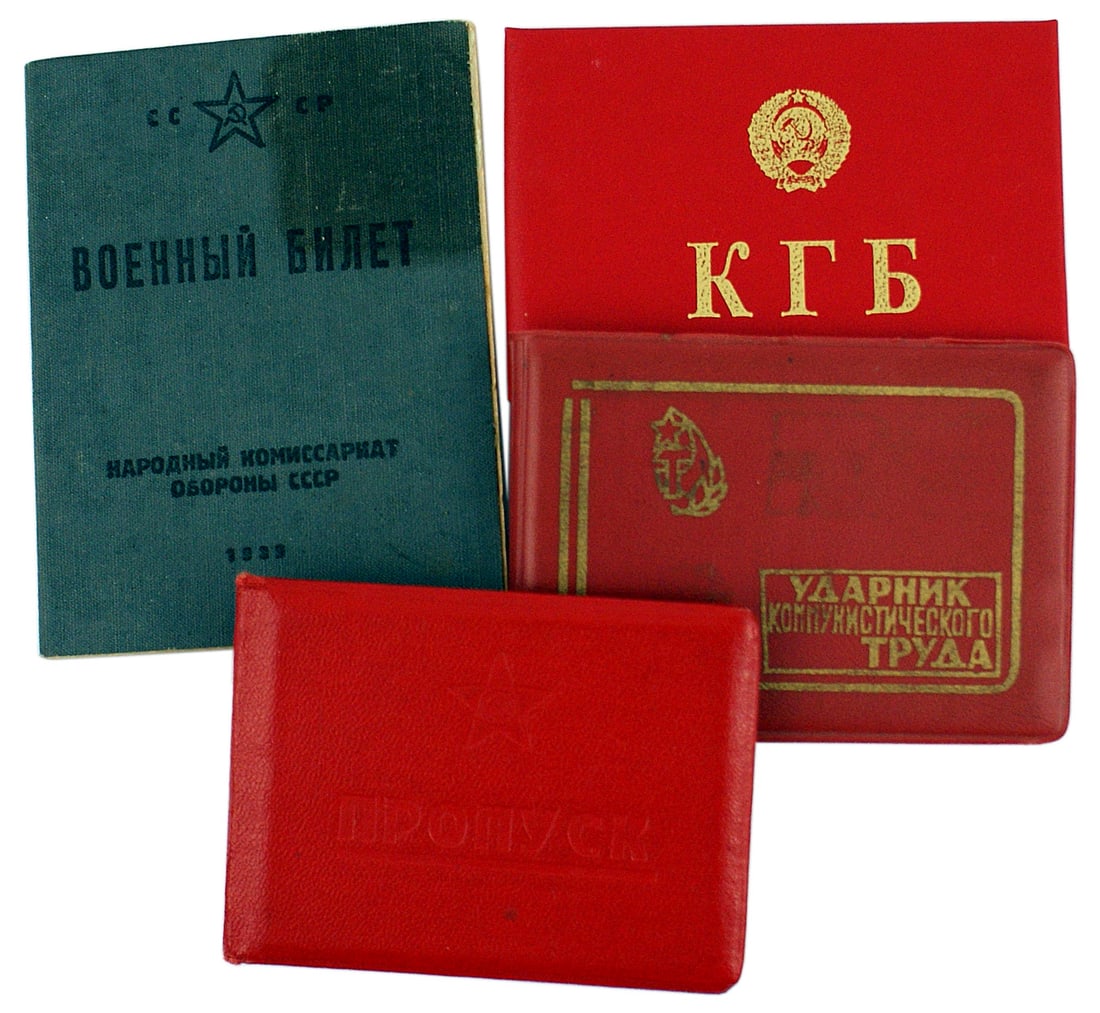Lot of 4 Soviet pocket I.D. books KBG: C-023 Lot of 4 Soviet pocket I.D. books/proofs of identity: (1) Military officer with name and photo in uniform. With hard stock covers. (2) Industrial / Agriculture Organization. Not used - blank inf