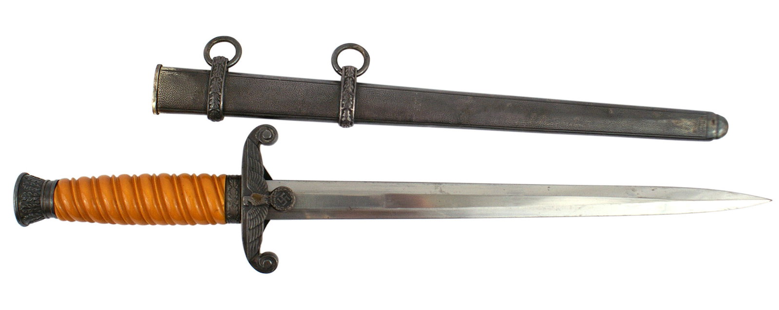 German WWII Army officer dress dagger: D-005 German WWII Army officer dress dagger. Silver plum patina on detailed oak leaf pommel and high relief eagle/swastika crossguard. Orange grip. Excellent 10 1/8" blade with the name of maker "Carl