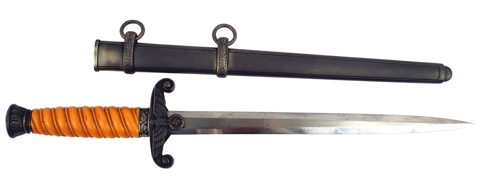 German WWII Army officer dress dagger: D-006 German WWII Army officer dress dagger. Dark silver plum patina on detailed oak leaf pommel high relief detailed eagle/swastika crossguard. Orange grip. Excellent 10 1/8" blade with the name of m