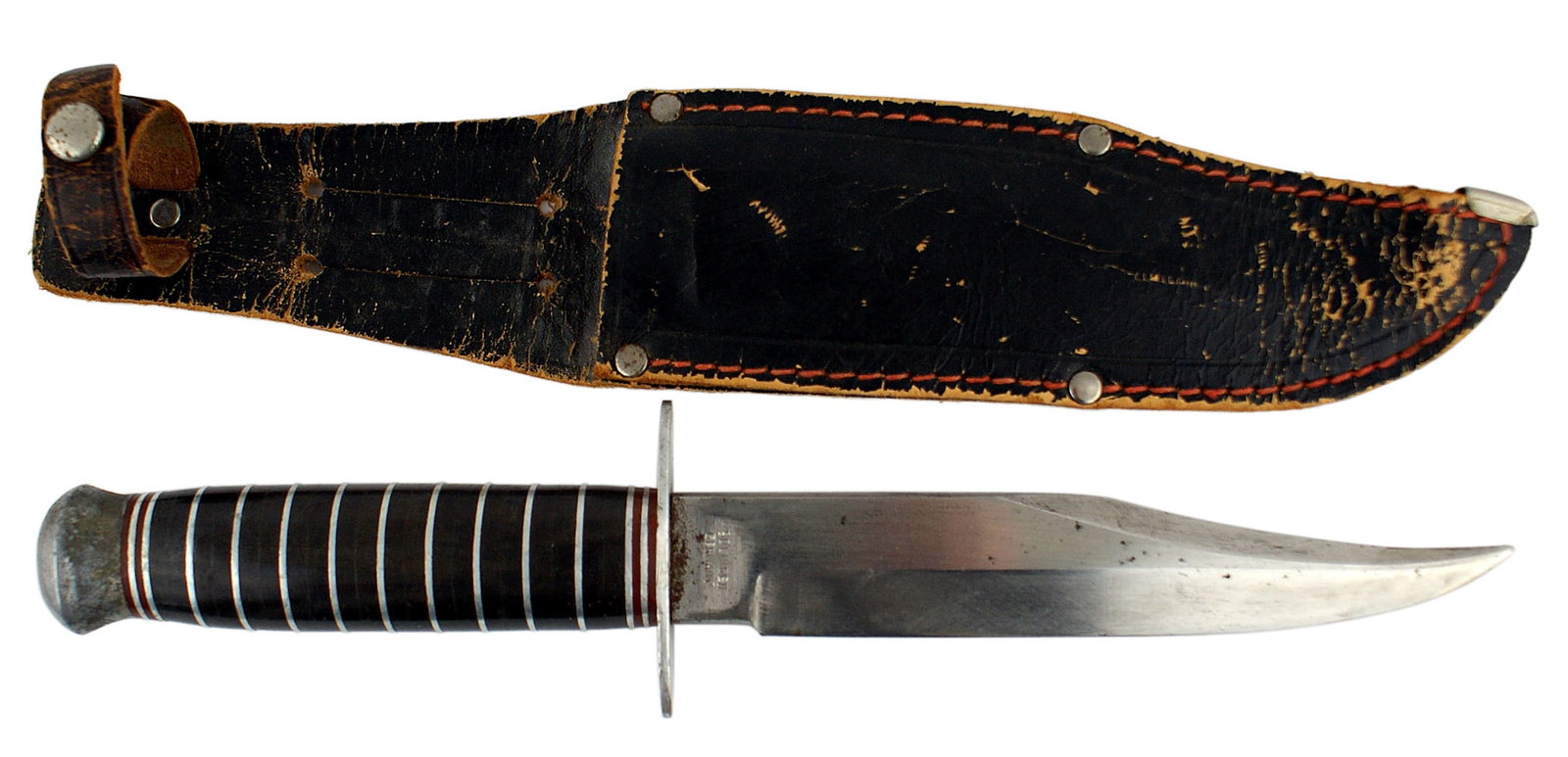 German made US WWII style knife Sheriff: D-010 "SHERIFF KNIFE " - made in Germany. Fixed blade knife. Leather handle. Reverse of blade marked "SOLINGEN GERMANY" Blade measures 6" long. Overall length, approximately 10-1/2". Leather scabbard 