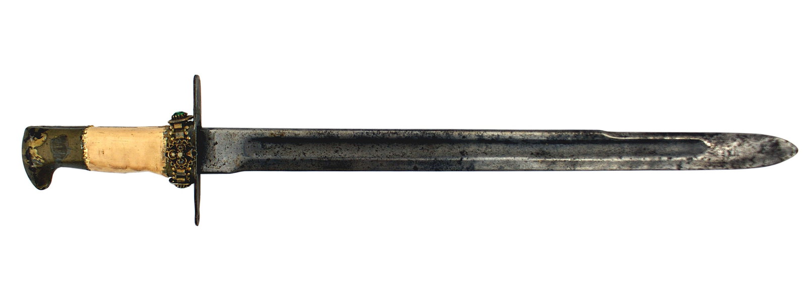 Unusual Balkan modified 03 Springfield bayonet: D-012 Unusual Balkan modified 03 Springfield bayonet. 16" blade is graying with multiple small black age "patches". A simple flat 3/4" wide, metal strip acts as the crossguard. The grip was made unifo