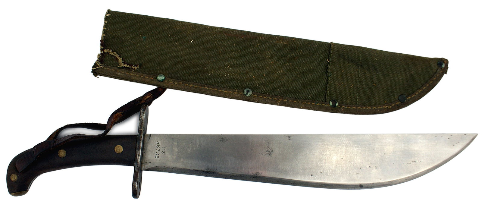 US Model 1909 Bolo knife WWI: D-017 US Model 1909 Bolo knife. Walnut handles with 3 brass rivets and a brass pommel cap. 3 1/2" blued steel guard. 14" clean blade. Marked "US 56736" and "PLUMB PHILA" with a flaming bomb and "1917"