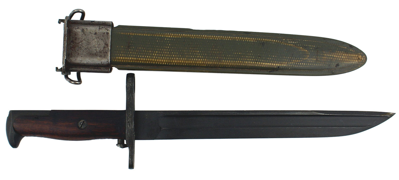 US WWII M1942 bayonet cut down M1905: D-019 US M1942 bayonet, actually a cut-down M1905 to a 10" blade (excellent condition) and blackened. Marked with "SA" over a flaming bomb and "1909". Original wood grips. Some wear to the green finis