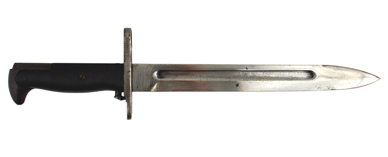 US WWII M1942 M1 bayonet: D-023 US M1942 M-1 bayonet. 10" blade marked "U.C." over a flaming bomb and "US". Fairly clean blade. Black plastic grips. II