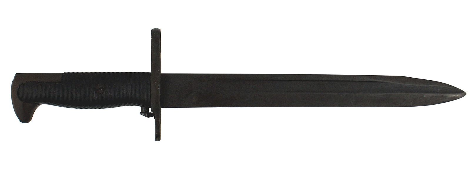 US WWII M1942 M1 bayonet: D-024 US M1942 M-1 bayonet. Cut-down 10" blade marked "OL" over a flaming bomb, "US" and "1943". 95% black finish remains. Black plastic grips. No scabbard. II+