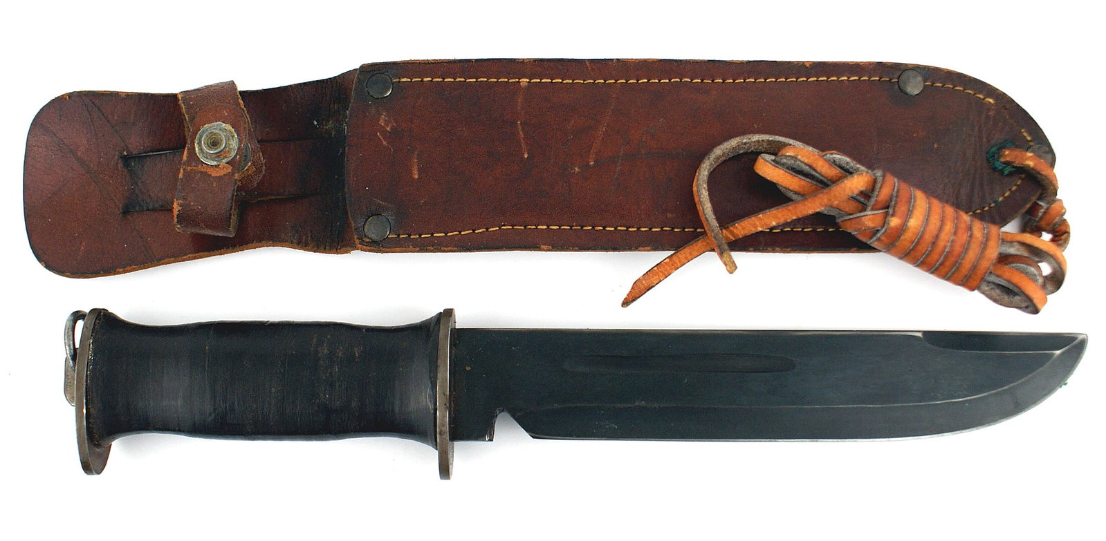 EGW knife produced commercially WWII: D-062 "E.G.W." knife, produced and sold commercially during WWII . Massive appearance with a 7 3/8" blued blade. Ricasso marked "EGW KNIFE" (E.G. Waterman). Oval blued guard, which only extends on the