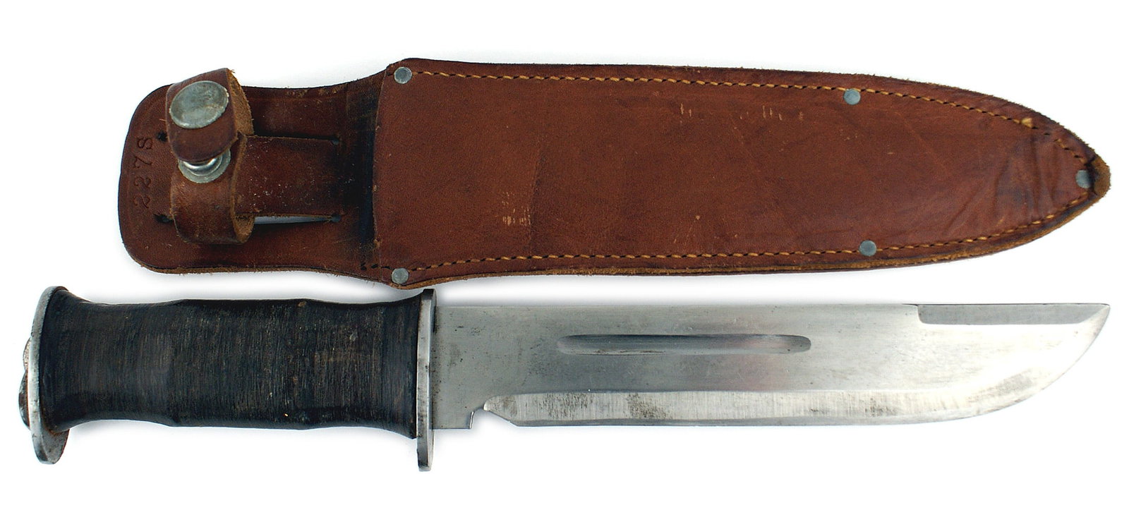 EGW knife produced commercially WWII: D-063 "E. G. W" knife, produced and sold commercially during WWII. Massive appearance with a 7 3/8" bright blade. Ricasso marked "EGW KNIFE" (E.G. Waterman). Oval polished guard, which only extends on