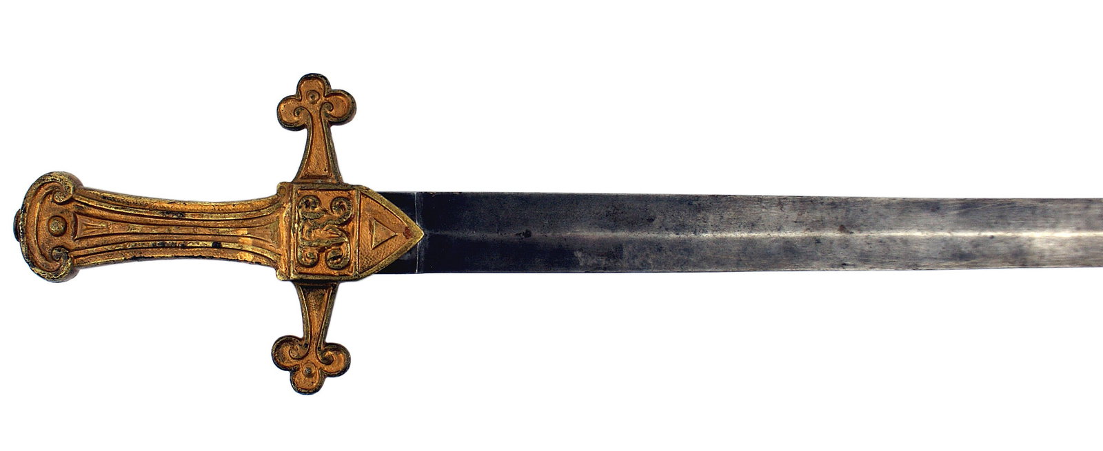 Great Britain Victorian musician short sword: D-072 Great Britain. Victorian military musician's short sword. Cast stylized grip rounding at the pommel. Each side of the crossguard ends in a trefoil. Large shield in center with a relief cypher of