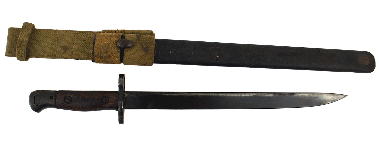 Great Britain India Pattern bayonet: D-074 Great Britain, India Pattern bayonet. 12" blued blade (90%) without a fuller. Marked with a crown, "G. R. I", "MK. II", "RFI" and "42". Also with "1563", "15138" and "15218". Some wear on wood g