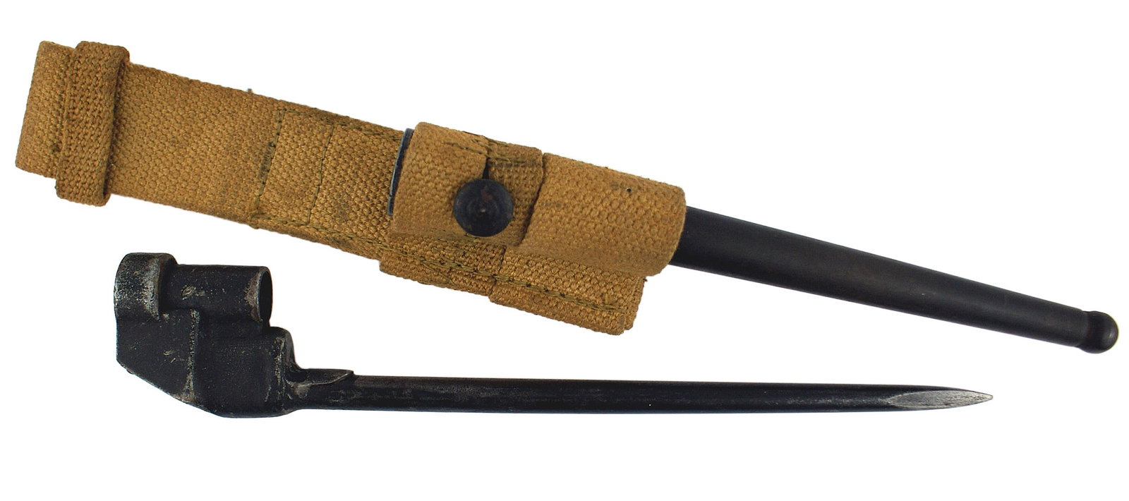 Great Britain WWII spike bayonet: D-075 Great Britain. WWII "spike bayonet". Variation socket. All blackened 8" round blade marked with a broad arrow and "458". Steel tube scabbard. Tan web frog. II
