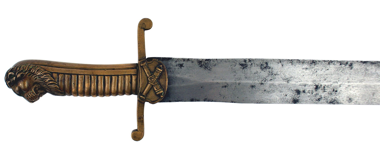 Bavarian M1892 Artillery short sword: D-085 Bavarian M1892 Artillery short sword. One piece cast brass grip consisting of a stern looking lion head pommel, ribbed grip and backstrap. Straight brass crossguard with rounded finials. Wide sh