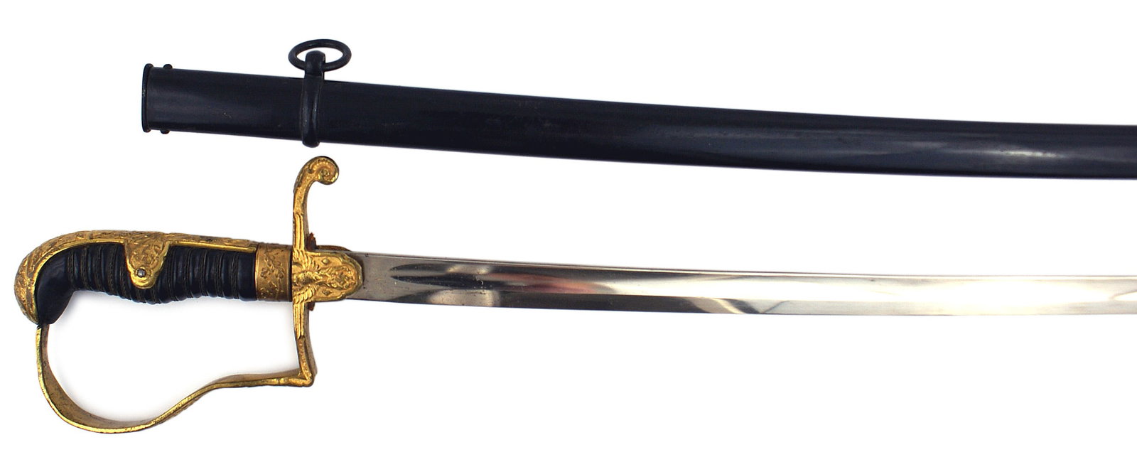 German WWII Army officer dress sword HOLLER: D-088 German Third Reich Army officer dress sword. Heavy gilt washed hilt, one-piece pommel, back strap with side straps, reverse "P" knuckle-bow and crossguard/langet. Eagle/swastika on langet is unu