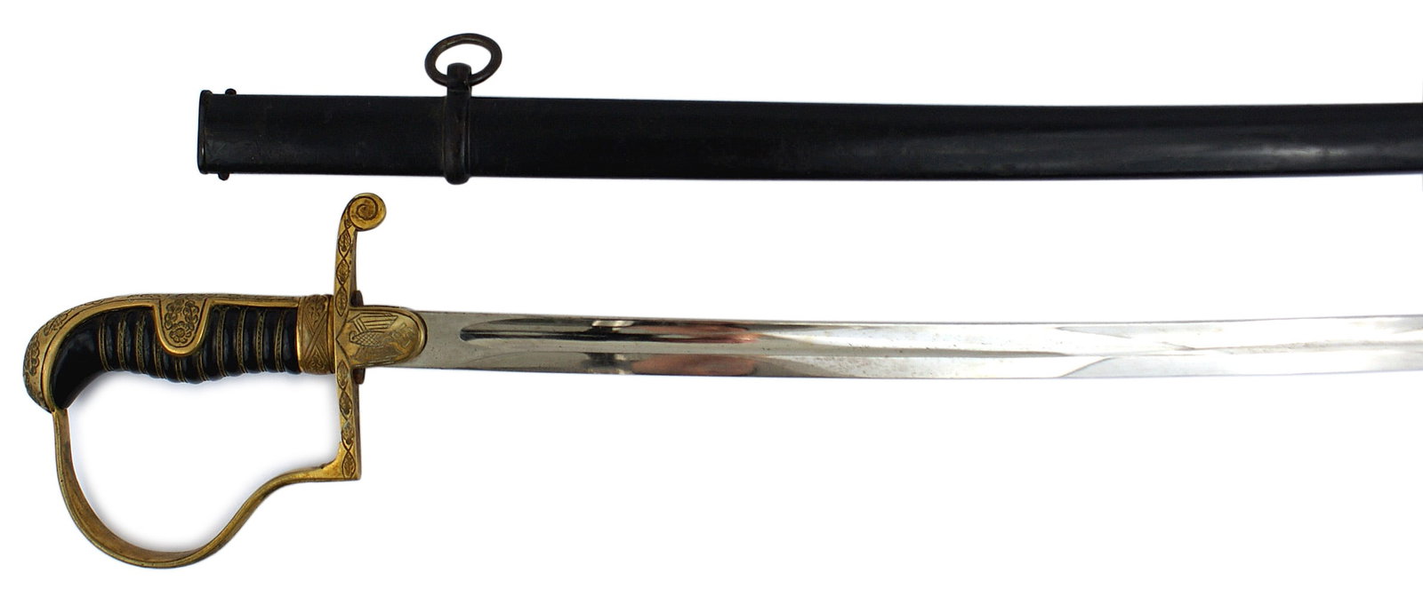 German WWII Army officer dress sword ALCOSO: D-089 German Third Reich Army officer dress sword. Entire hilt - one piece pommel backstrap with side straps, ferrule and knuckle-bow are covered with engraved oak leaves. Langet has an engraved Army 
