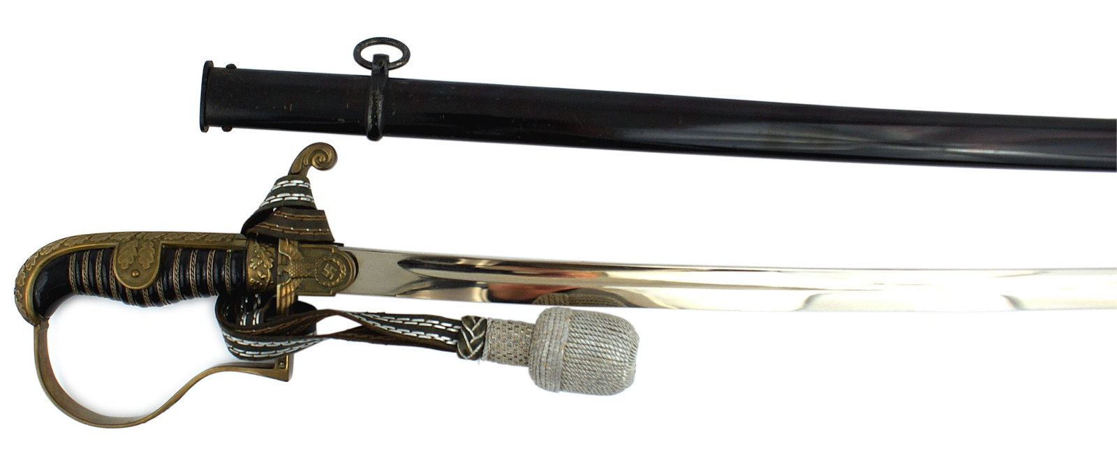 German WWII Army officer dress sword Wingen: D-091 Germany. Third Reich Army officer dress sword. One-piece high relief oak leaf pommel/backstrap with side straps. Entire hilt has a nice gilt-bronze finish. Finely detailed Army eagle/wreath/swas