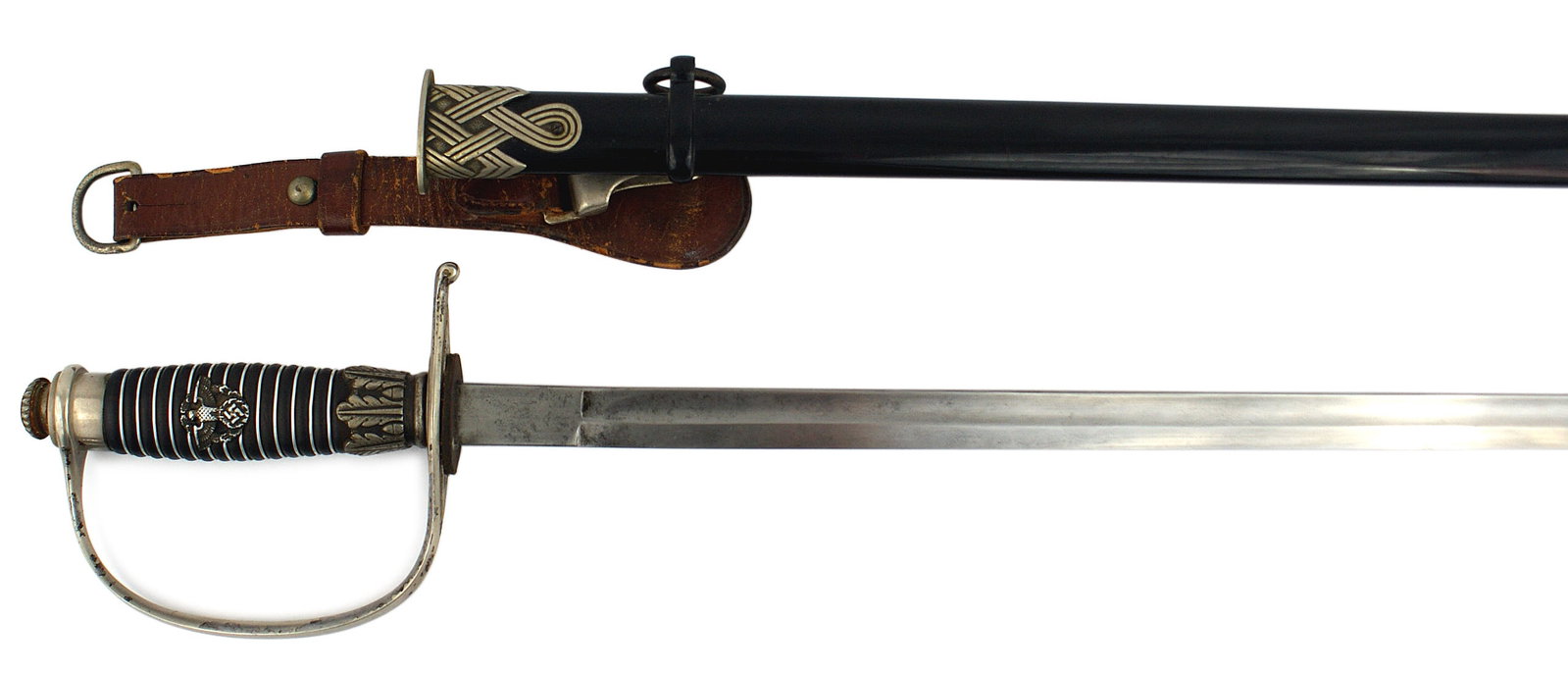 German WWII Police officer dress sword Eickhorn: D-096 German Third Reich Police officer's dress sword. Nickeled pommel and reverse "D" knuckle-bow. Wire wrapped ribbed wood grip with a Police eagle/swastika/wreath insignia insert. 29 1/2" straight 
