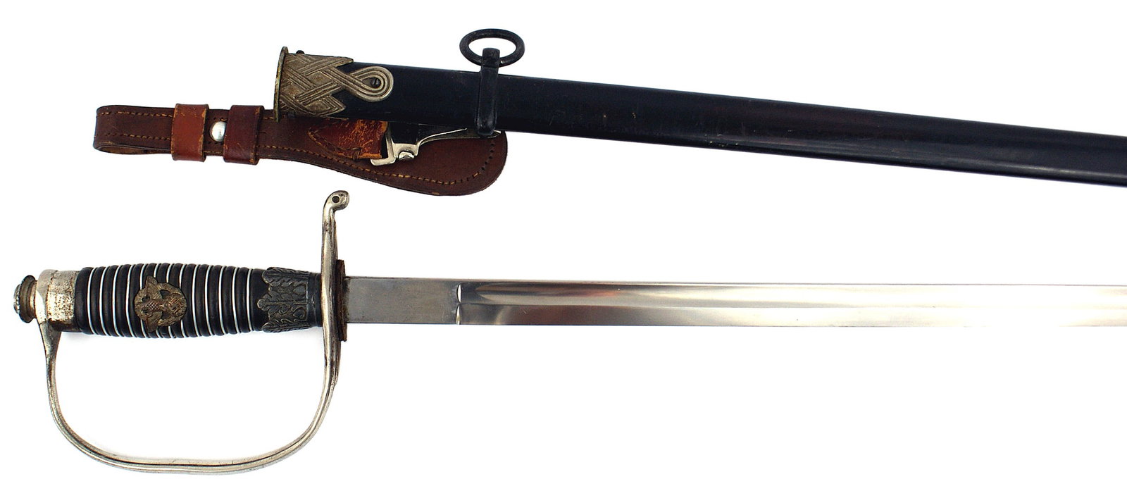 German WWII Police officer dress sword Klaas: D-097 German Third Reich Police officer's dress sword. Nickeled pommel and reverse "D" knuckle-bow. Wire wrapped ribbed wood grip with an insert Police eagle/swastika wreath insignia. 29 1/2" straight