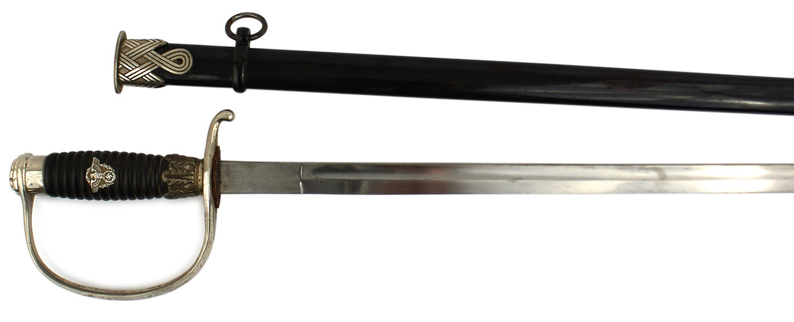 German WWII Police NCO dress sword Weyersberg: D-098 German Third Reich Police NCO dress sword. Nickeled pommel and reverse "D" knuckle-bow. Wire wrapped ribbed wood grip with an insert Police eagle/swastika wreath insignia. 31" straight fairly cl