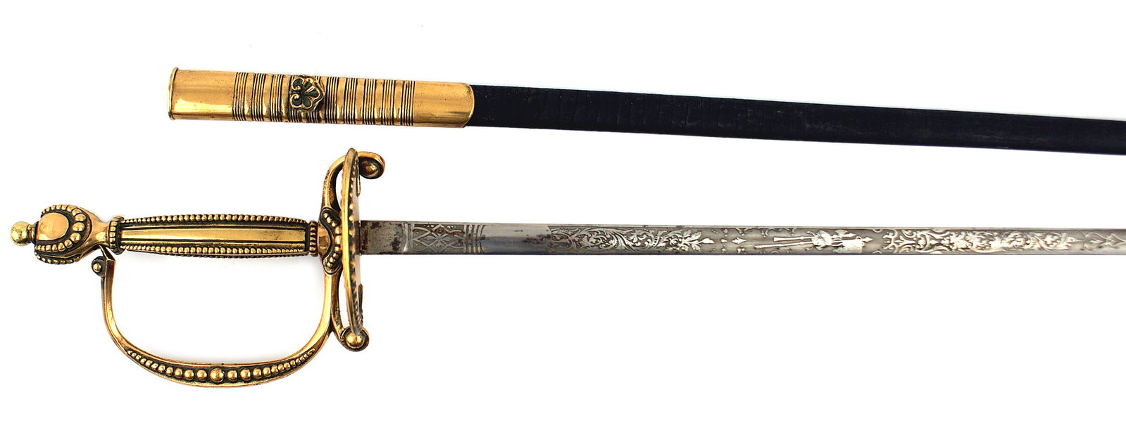 Great Britain Circa 19th century court sword: D-103 Great Britain. Circa 19th Century court sword. Gilt finish on the entire hilt. Vase shaped pommel with a round finial top. A chain of round balls decorates the entire pommel, the four edges of t