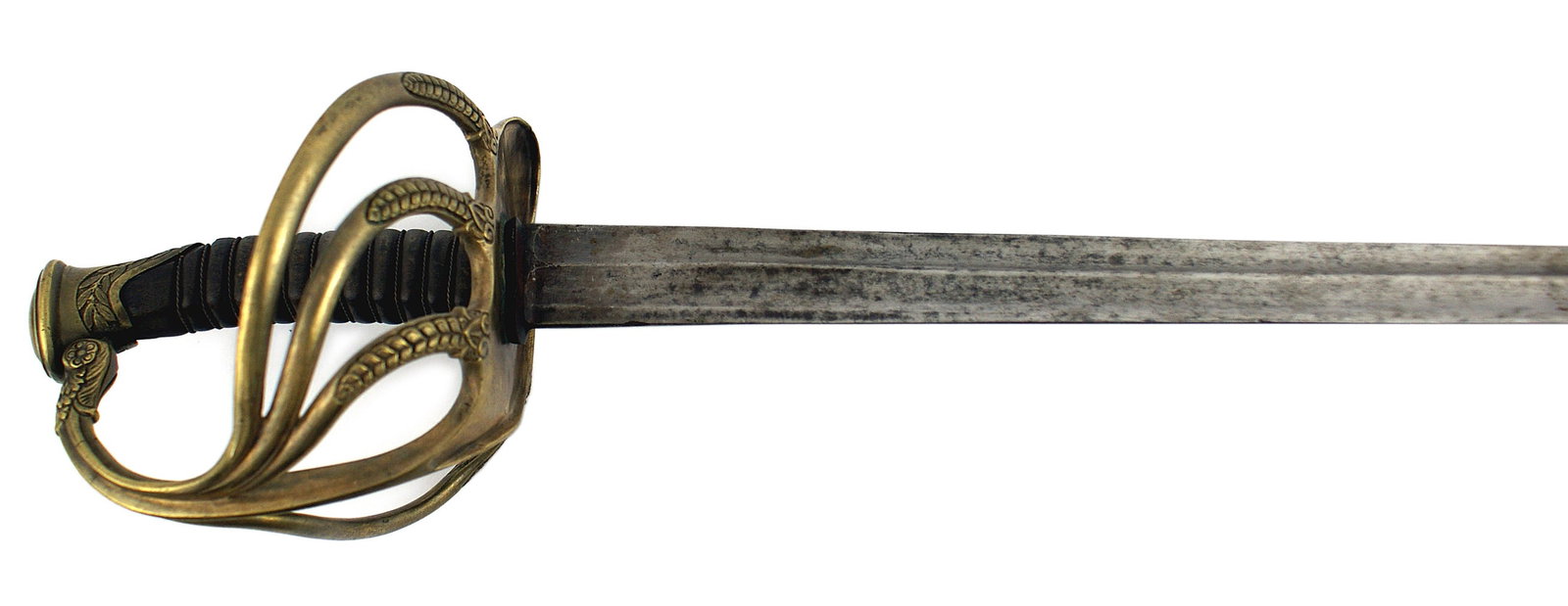 Italian 19th Century pallash sword: D-104 Italian mid-century Cuirassier Pallasch. Large brass 4-branch "basket" guard with relief engraved panels of oak leaves along the border of the pommel and on the lower 30% of both sides of each b