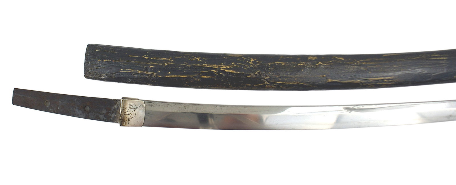 Antique Japanese wakizashi: D-105 Antique Japanese wakizashi. 15 5/8" fairly clean blade with a medium-straight temper line. Silvered habaki with an etched floral design. Two-hole square tang. II