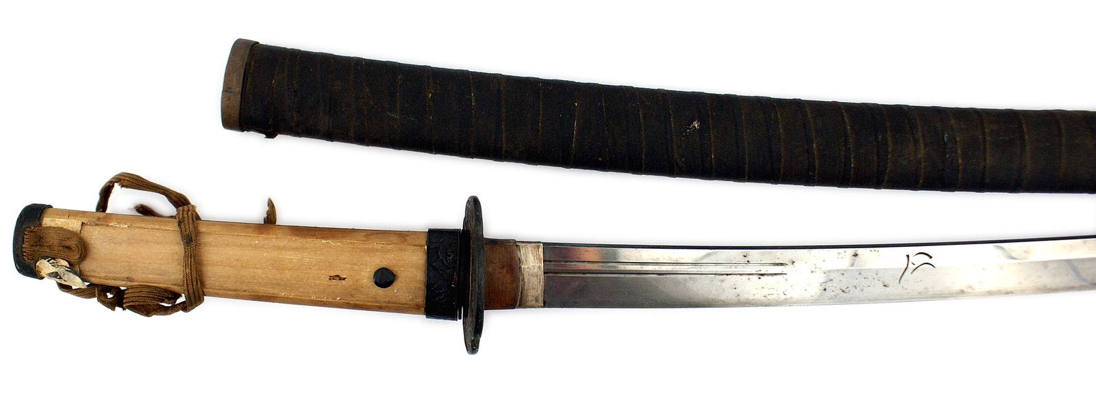 Japanese Katana samurai sword: D-108 Japanese Katana. 23" curved blade. Two 4 1/2" fullers extended from under the habaki. Unknown engraved character/symbol 6 1/4" from habaki. Sam symbol (similar to a "h" - possibly a Sanskrit see