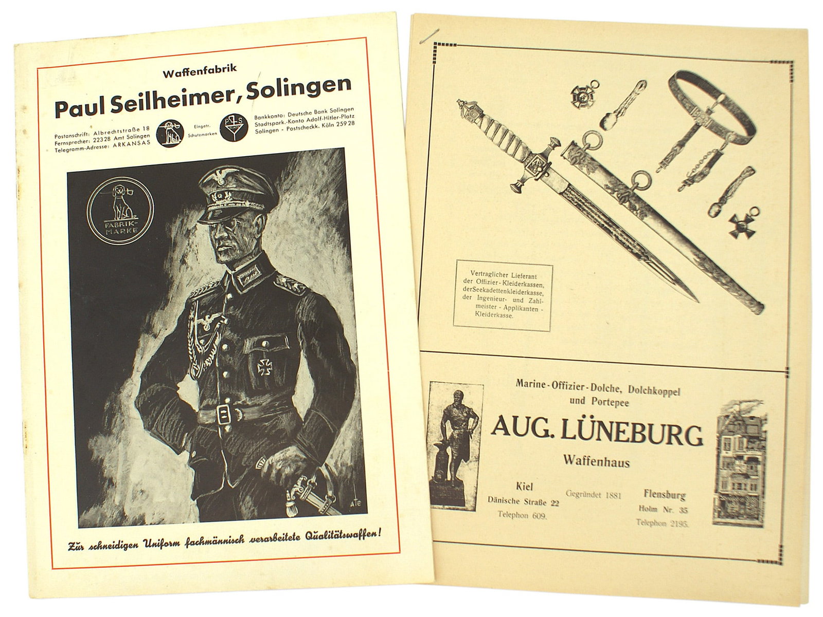 Lot of 2 German WWII dagger manufacturer catalogues: D-113 Lot of 2 original period manufacturer's catalogues: (1) "AUG. LUNEBURG - Waffenhause...". 16 illustrated imperial German Navy daggers, five Damascus blades, miscellaneous uniform accessories, me
