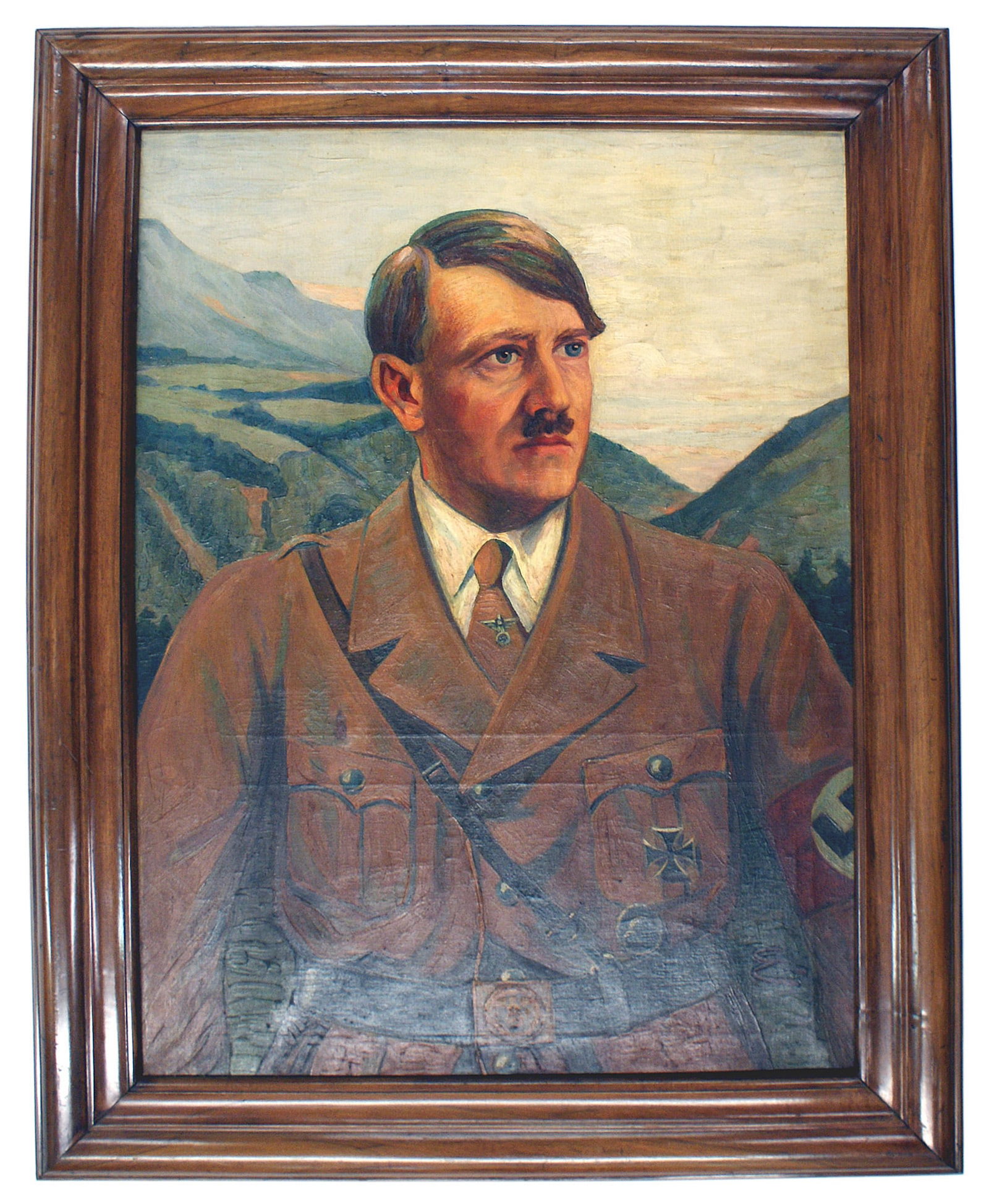Painting of Hitler by Fritz Erler: A-002 Adolf Hitler oil portrait by noted European artist Fritz Erler. Subject is portrayed as a relaxed figure but yet possessing a sense of leadership. Attention is paid to Hitler's uniform, eagle ti