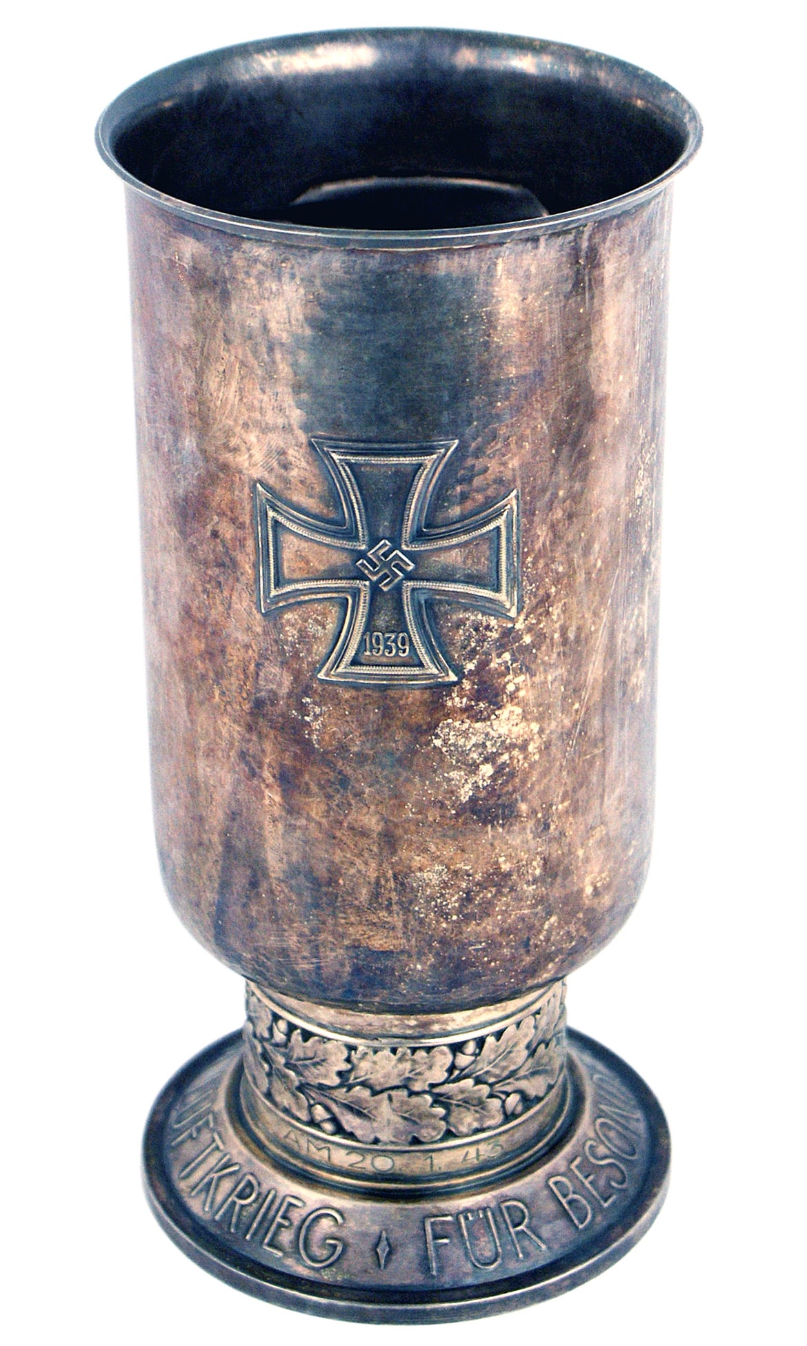 German WWII Luftwaffe Ehrenpokal Honor Goblet: A-006 German WWII Luftwaffe "Ehrenpokal". Hammered silver Honor Goblet bearing an embossed panel of two eagles in combat. Reverse bears a 1 5/8" x 1 5/8" relief Iron Cross. The 6" tall cup sits on a f