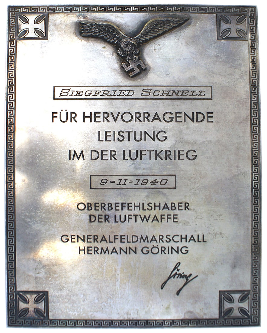 Luftwaffe Ace Siegfried Schnell plaque by Goring: A-008 Rare silvered plaque presented to Luftwaffe "Ace" Siegfried Schnell by Hermann Goring on the occasion of scoring his 20th victory during the Battle of Britain. Schnell flew with Group II/ JG 2 "