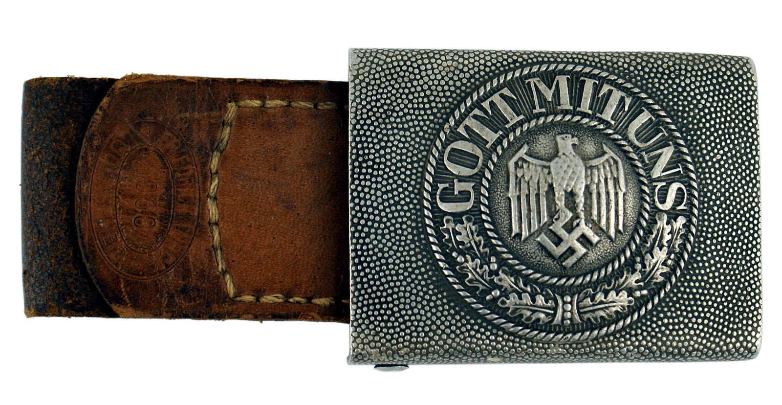 German WWII Army EM belt buckle: H-004 German WWII Army E.M. belt buckle. One piece buckle with a relief eagle/swastika, oak leaves and "GOTT MIT UNS". Tan leather tab with name of maker "FRIEDRICH FURCK - LUDENSCHEID - 1938". Buckle