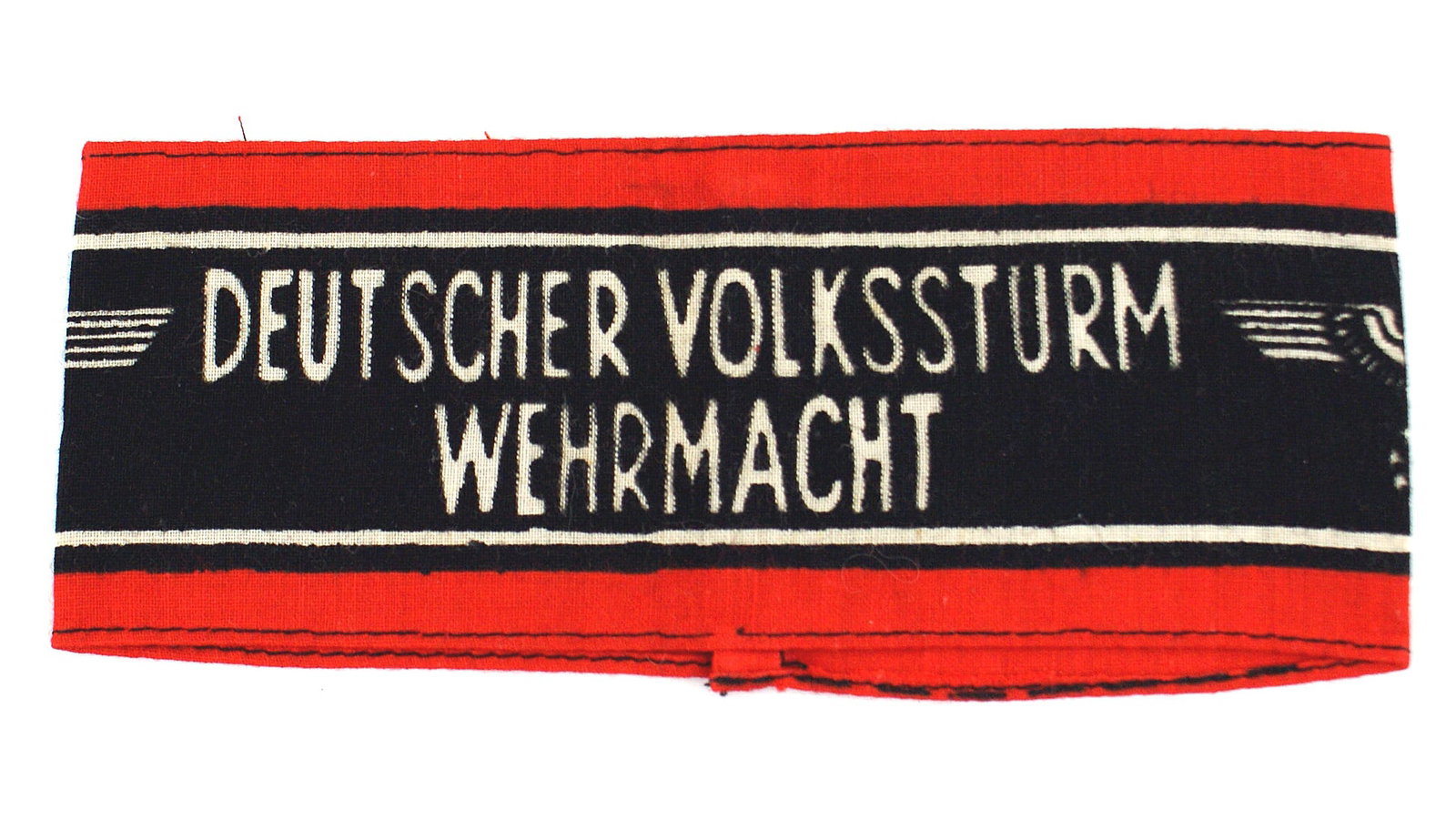 German WWII armband Peoples Army: H-017 German WWII armband of the "DEUTSHER VOLKSSTURM WEHRMACHT" (German People's Army). Red, white and black printed on cotton with white lettering on black with two eagles and red borders. The last 