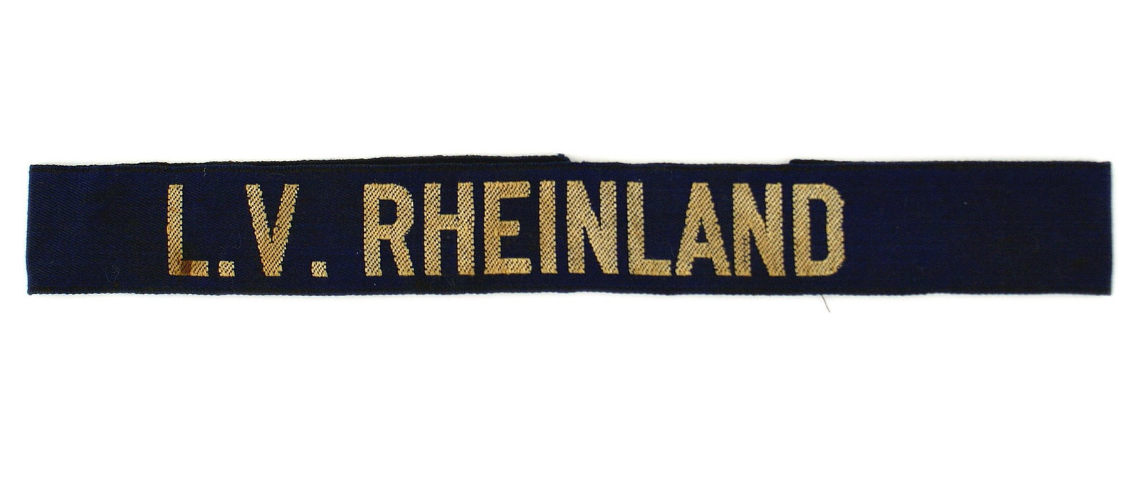 German WWII LV RHINELAND cufftitle: H-020 German Third-Reich "L.V. RHINELAND" cufftitle (Luftsport Verein - district of Rhineland). Bevo type embroidered dull silver block lettering on a blue band. This air sport organization became the