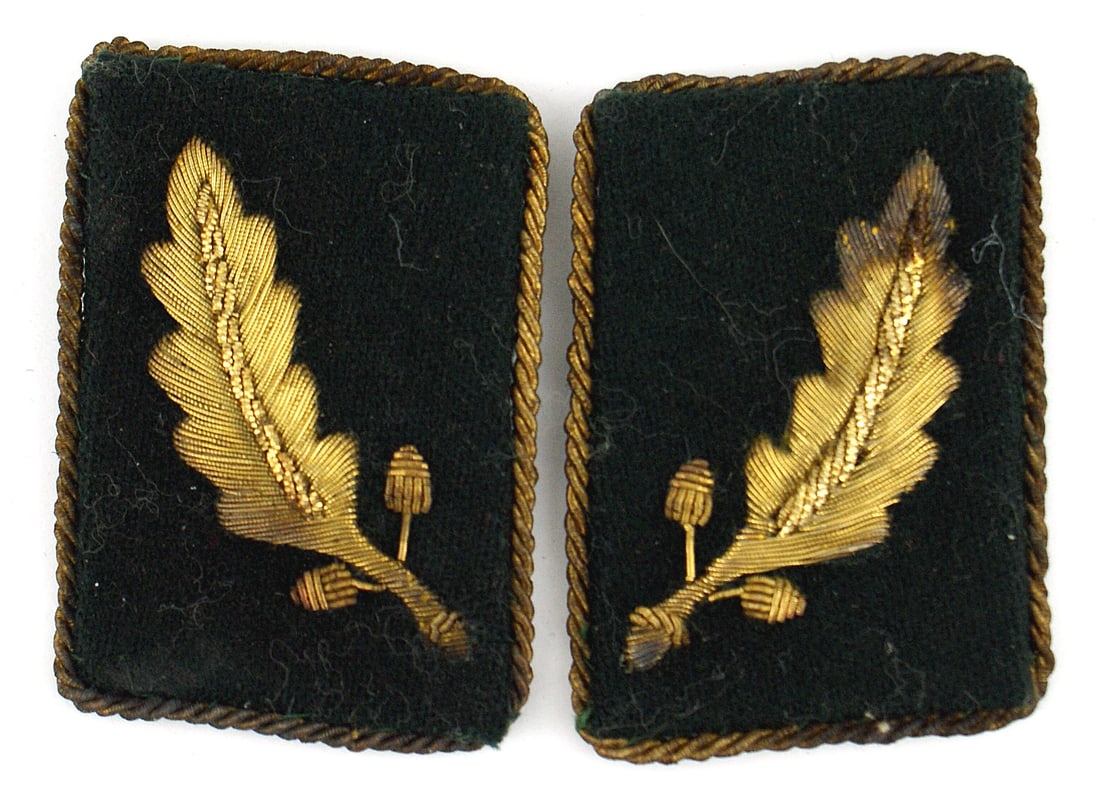 German WWII Group Nordsee collar tabs: H-031 Third-Reich Standartenfuhrer of Group Nordsee 1937-1945 collar tabs. Embroidered gold bullion oak leaf with two acorns on a steel green tab. Pair. Rare. I