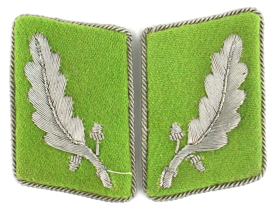German WWII Group Pommern collar tabs: H-032 Third-Reich Standartenfuhrer of Group Pommern 1942-1945 collar tabs. Silver embroidered oak leaf with two acorns on an apple green tab. Pair. Rare. I