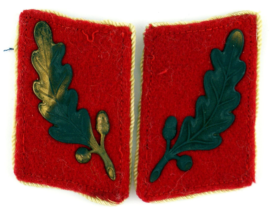 German WWII Oberst SA Fuhrung collar tabs: H-033 Third-Reich Oberst SA Fuhrung 1933 collar tabs. Gold left oak leaf is totally darkened to black and the right oak leaf has 20% of the gold finish. Carmine tabs with white silver piping. Pair. II
