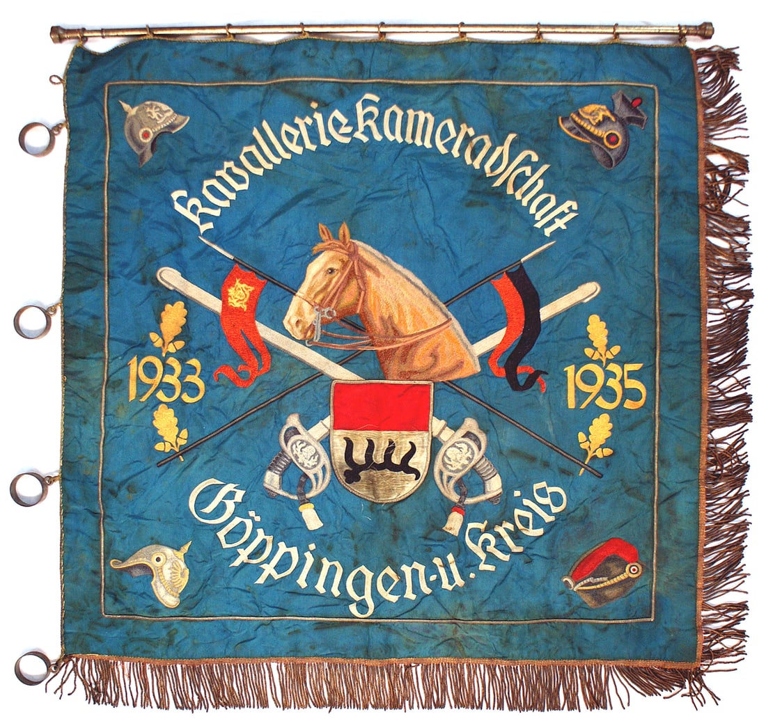German 1933-35 Wurttemburg Cavalry Assoc flag: H-048 German 1933 - 1935 Wurttemburg Cavalry Association flag. Observe of blue silk with colorful embroidery of: A horse's head crossed lances with the state emblem and colors; crossed cavalry swords 