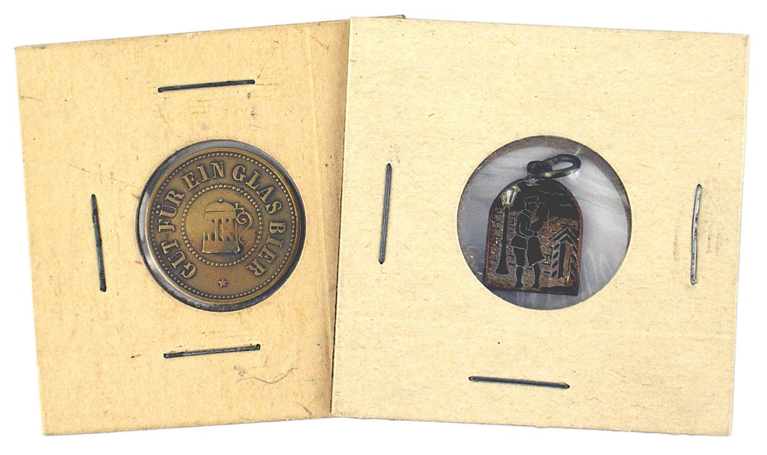 2 German WWII period tokens: H-070 Lot of 2 Third-Reich period tokens: (1) Coin "Gut Fur Ein Glas Bier". (2) "Lily Marlene" bracelet charm. Silhouette of a soldier/sweetheart. (From the Donald G. Brownlow Collection). II