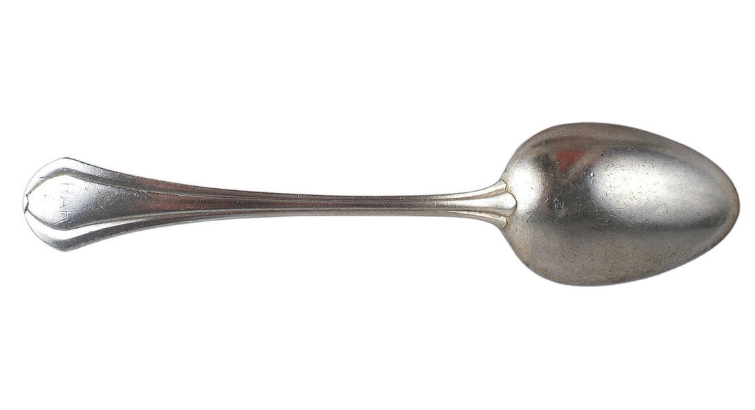 German WWII Autobahn table service spoon: H-072 Third Reich Autobahn "Rasthaus Chiemsee" table service silvered 7" serving spoon. Reverse of handle marked "RAR" and maker with hallmarks. (This "rasthuas" was often used by Adolf Hitler during 