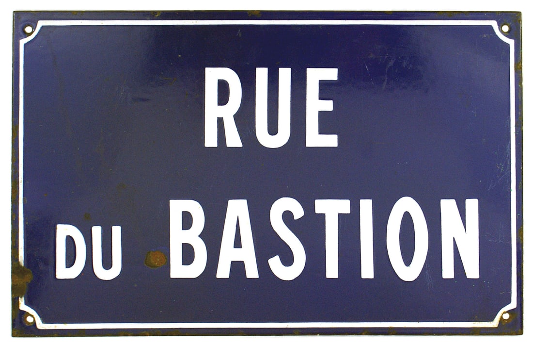 RUE DU BASTION enamel sign WWII German Police: H-079 "RUE DU BASTION". White lettering on a blue enamel steel sign. Acquired from a German occupied Police building in Paris in 1944. 9 3/4" x 15 3/4". II