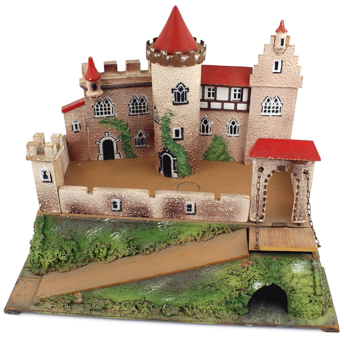 Wood toy castle antique toy soldiers Heyde: H-096 Lot of wood toy castle and antique toy soldiers: Castle has base and 9 pieces, easy to assemble. This castle was received as a Christmas gift in 1955 by the consigner. Lot of 11 Heyde figures, C