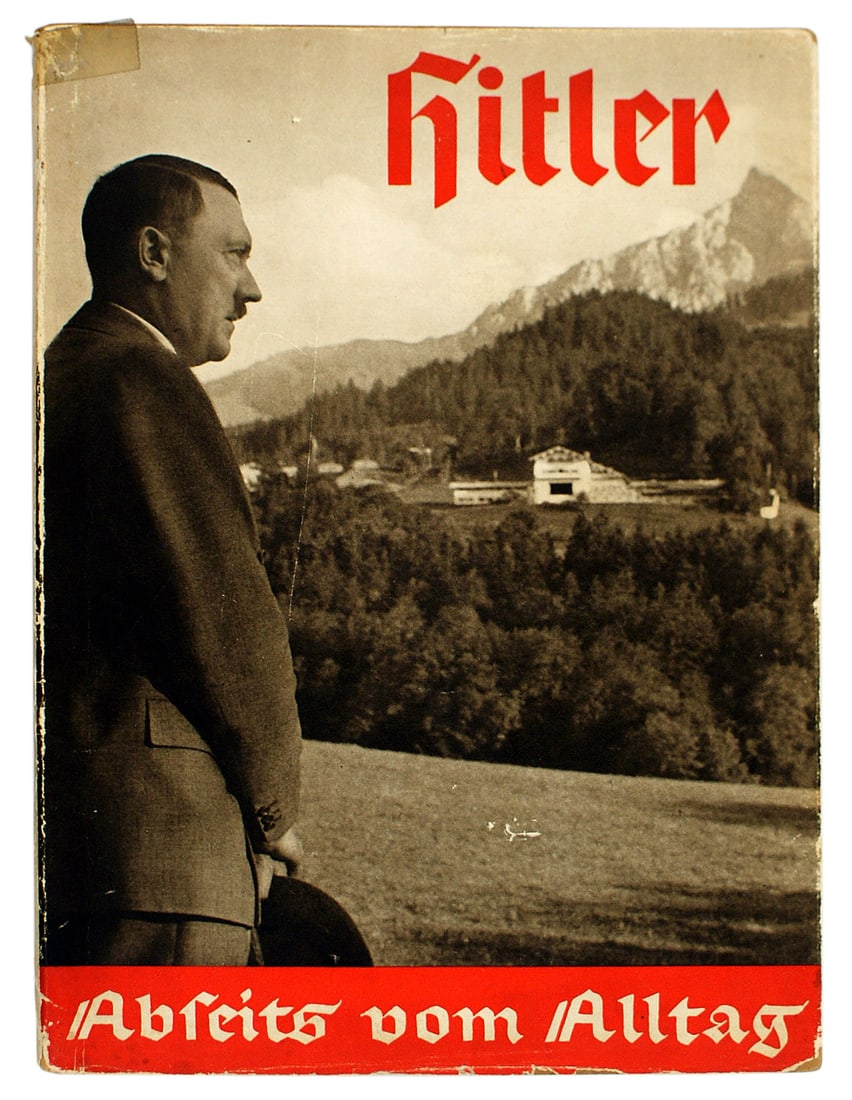 German WWII Book HITLER ABSEITS VOM ALLTAG: I-012 "HITLER ABSEITS VOM ALLTAG". Pictorial by Heinrich Hoffmann. Added typed front page in English is asking the press to use the enclosed pictures as proof of the "humanity and kind-heartedness of 