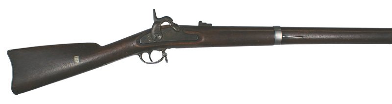 U.S. Model 1861 percussion rifle musket: M-15 U.S. Model 1861 percussion rifle-musket. 58 cal., 40" round barrel with three barrel bands and ramrod. Darkened lockplate marked with an eagle, "US EAGLEVILLE" and dated 1862. Gray/brown barrel i