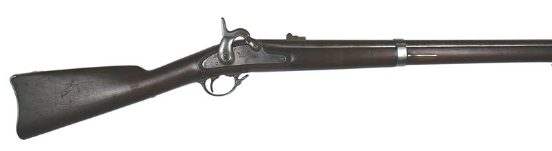 U.S. Model 1861 percussion rifle-musket: M-16 U.S. Model 1861 percussion rifle-musket. Lockplate marked with an eagle, "U.S. TRENTON" and dated "1863". The mostly brown barrel is marked "A", "6", "1864" and state stamped "NJ". Solid stock al