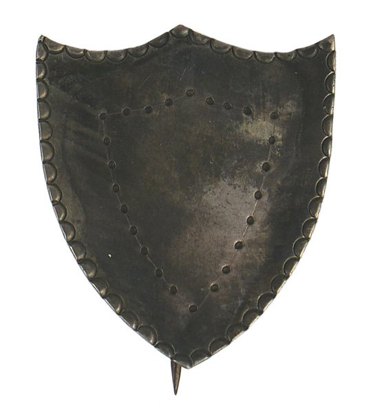 Civil War 23rd Corps Badge: K-34 Civil War 23rd Corps Badge. Age darkened silver shield with a designed border and inner shield shaped pattern of dots. Vertical pin on reverse. Aged patina. II