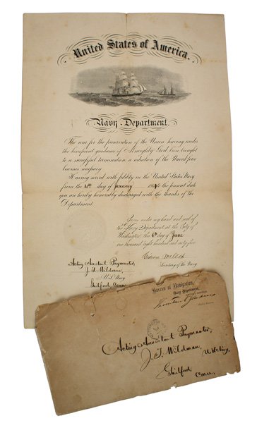Civil War Navy discharge document Gideon Wells: K-41 Civil War Navy discharge document - for "Acting Postmaster J.J. Wildman - U.S. Navy - Guilford, Conn". View of sailing ships, USN seal and expressed gratitude for service from 11 January 1864 to 