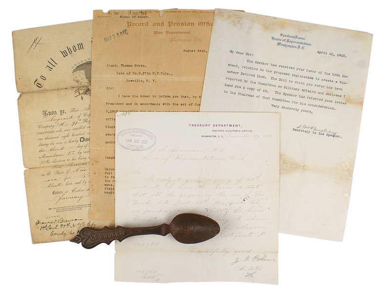 Civil War lot Congressional Medal of Honor recipient: K-42 Civil War lot of a Congressional Medal of Honor recipient. Includes: (1) Discharge certificate for Thomas Burke, a sergeant in the 97th regiment of New York State Volunteers. Dated 3 January 1864