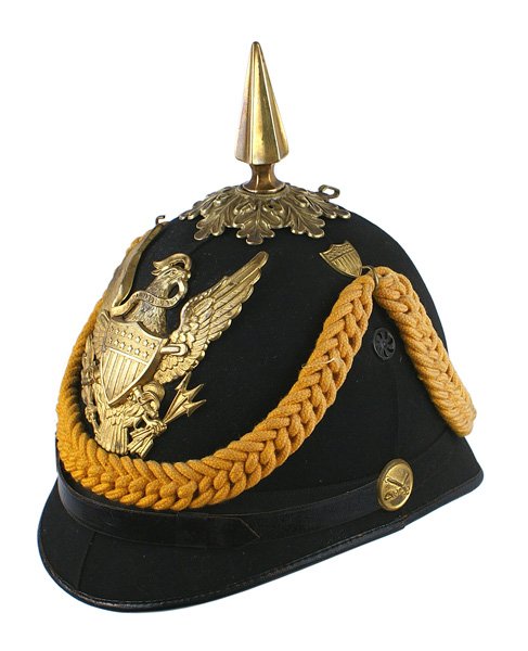 U.S. Indian Wars Period Cavalry helmet etc box: K-56 Boxed set of U.S. Indian Wars Period Cavalry accoutrements includes: (1) Blue cloth covered cork helmet. Gilt brass American Eagle with a shield and crossed sabers frontplate. Age toned spike/oak