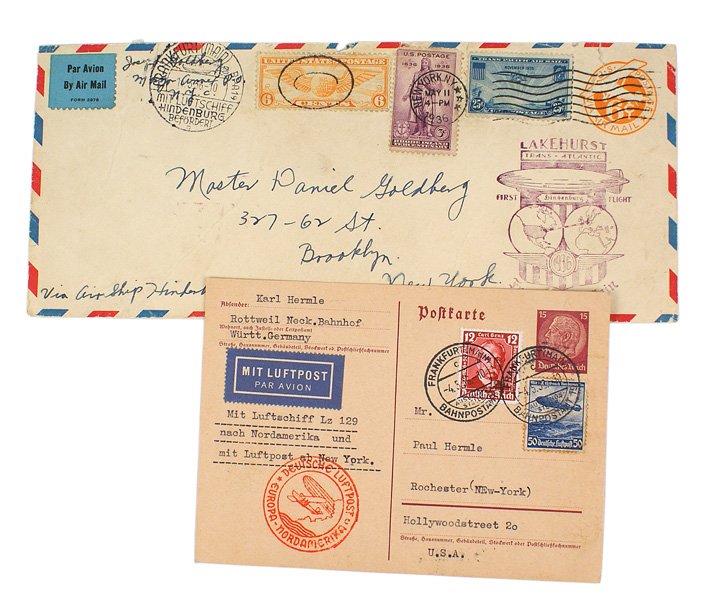 Lot of 2 LZ 129 Airship Hindenburg covers: P-4 Lot of 2 LZ 129 (Airship Hindenburg) stamped covers. Both with 1936 cancellations. (1) Germany to U.S. post card with pre-printed stamp and two others (one an LZ-129). (2) Frankfurt boarding and "