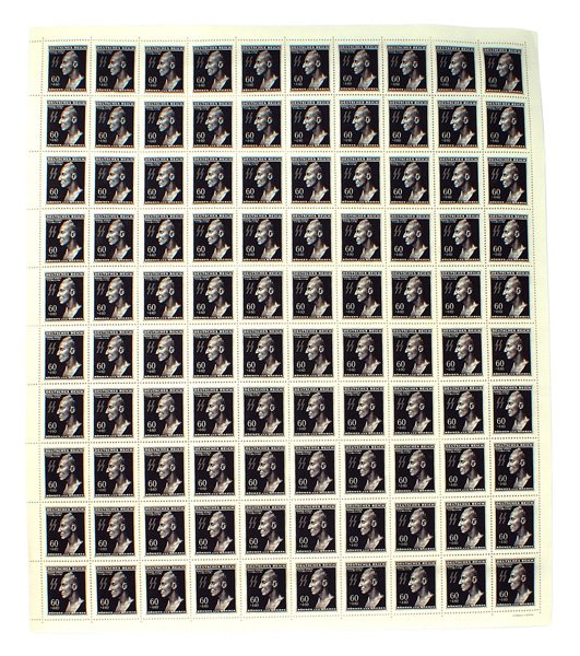 SS GRUPPENFUHRER HEYDRICH stamps: P-8 1944 SS GRUPPENFUHRER HEYDRICH death mask commemorative - full sheet of 100 stamps. (Known for his brutality, Heydrich died as a result of an assassination attempt. In reprisal the entire Czech vi